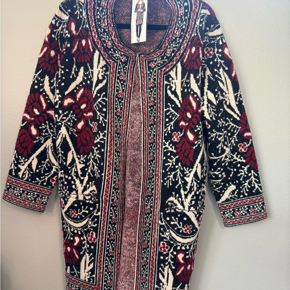 Max Sport Women Burgundy Black Floral Jacquard‎ Open Front Duster Cardigan